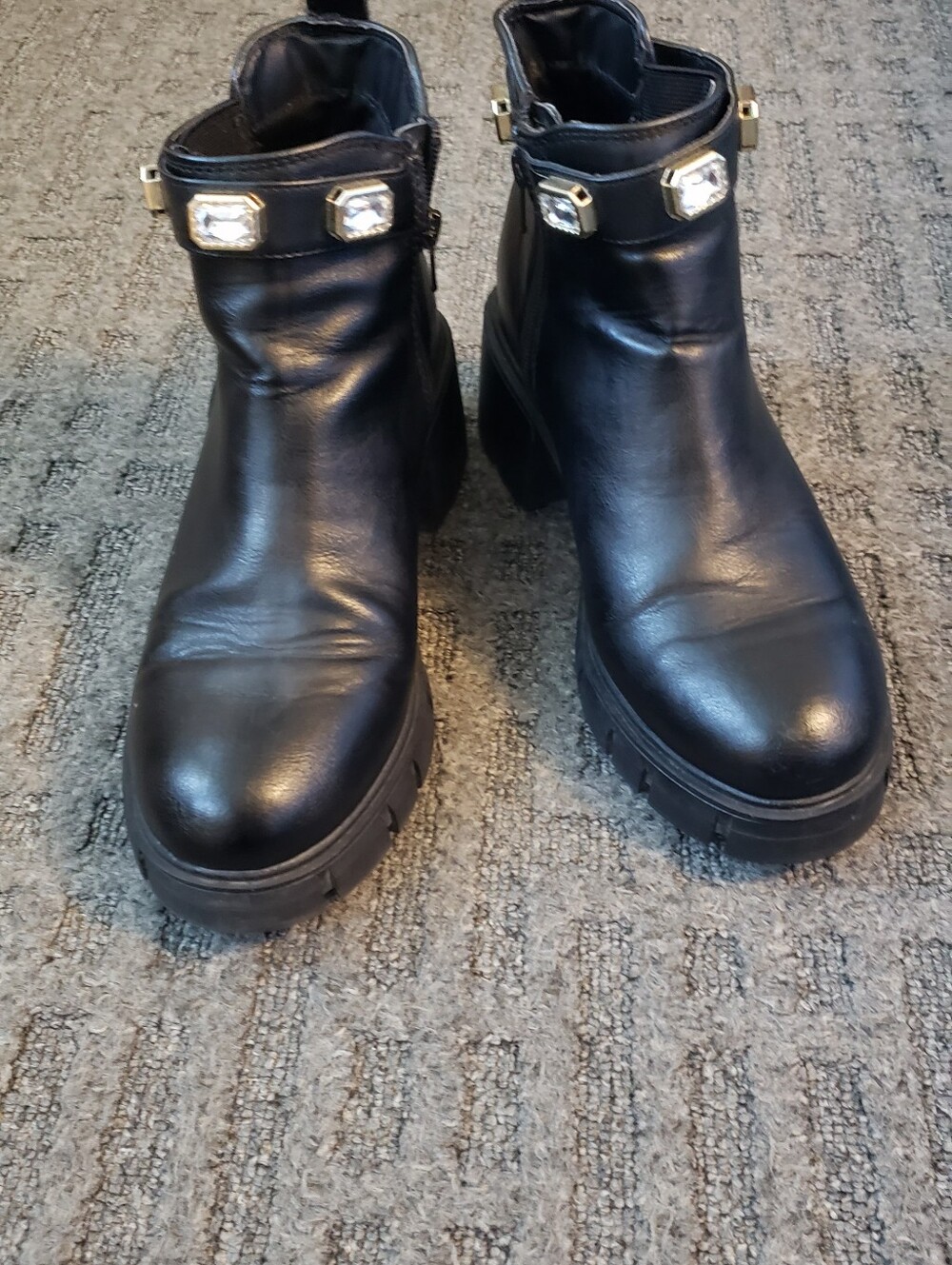 Black Ankle Boots with Decorative Gem Strap